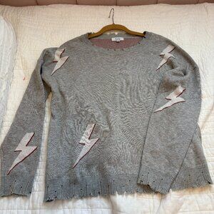 Fate frayed gray long sleeve sweater with Lightening Bolts